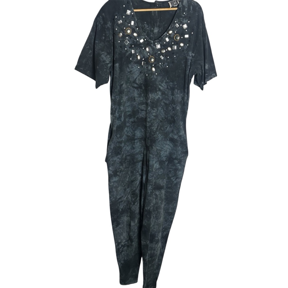 Vintage 90s Risky navy& gray tie dye embellished pants romper with pockets